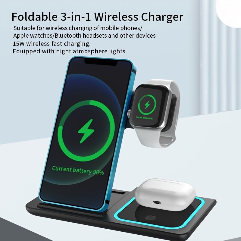 3 In 1 Fast Charging Station; Folding Wireless Charger Stand For IPhone 14; 13; 12; 11/Pro/Max/Mini/Plus; X; XR; XS/Max; SE; 8/Plus; Apple Watch 1-8; Airpods 3/2/Pro
